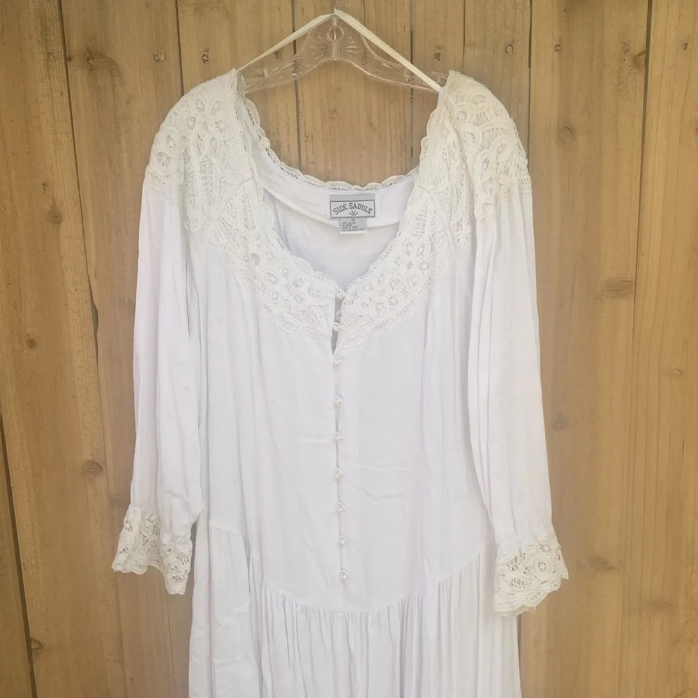 Vintage Plus Size Western Dress White Size 16 Lace Long Sleeve Pearl Button FLAW - Picture 3 of 13
